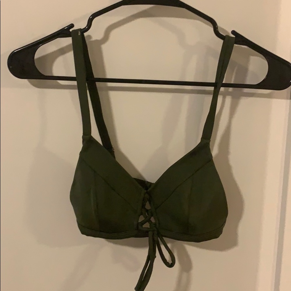 Olive green, worn once, bathing suit top.